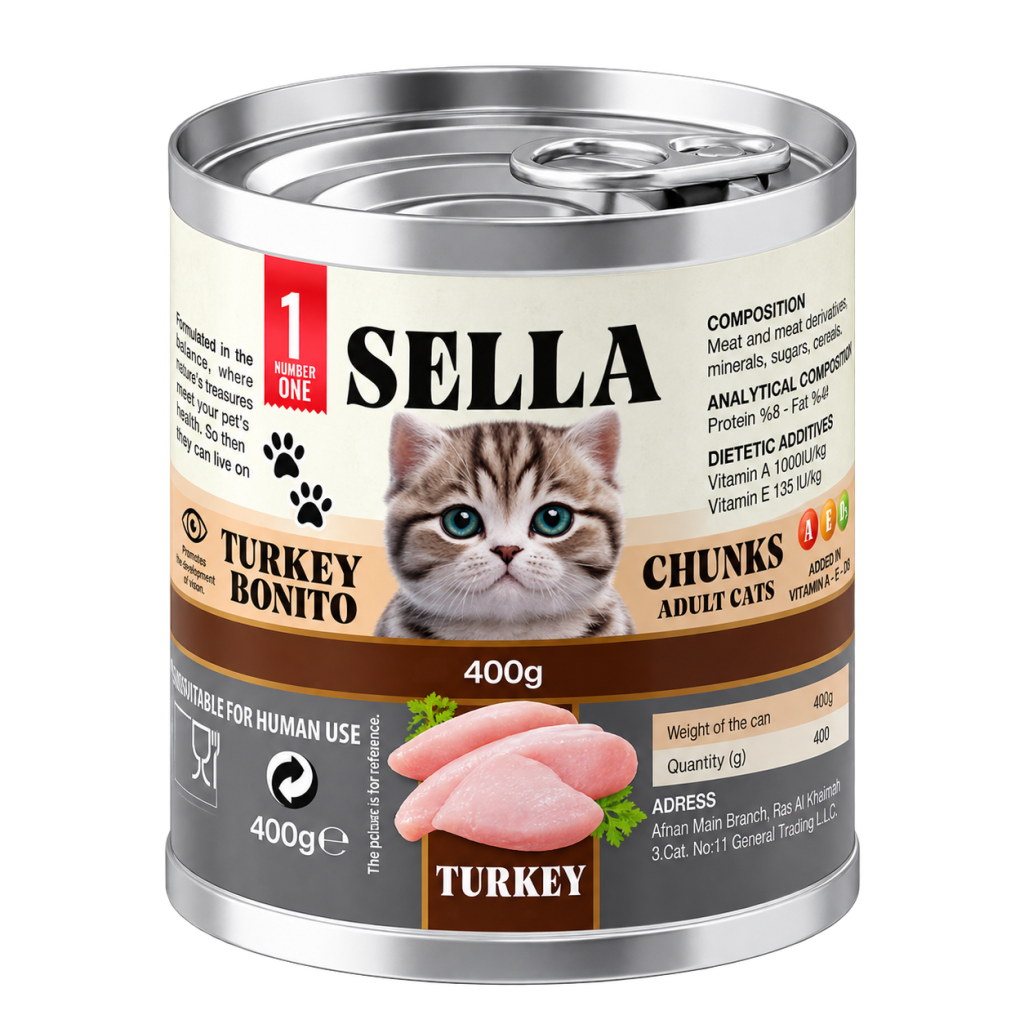 SELLA Turkey Bonito Chunks in Gravy – Adult Cats – 12 × 400g